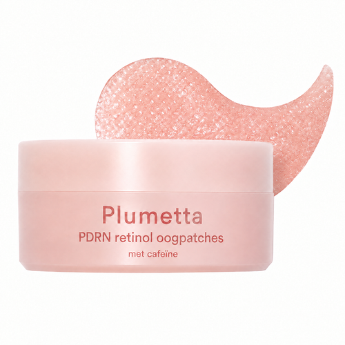 Pot Plumetta PDRN retinol oogpatches met cafeïne en een roze hydrogel patch