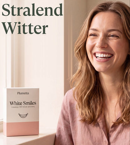 Plumetta White Smiles bleekbitjes verpakking op een vensterbank naast een lachende vrouw